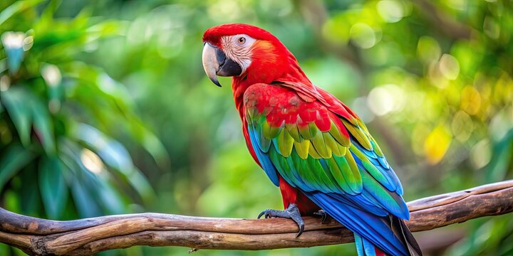 Vibrant green winged macaw with bright plumage sitting on a tree branch , macaw, bird, green, winged, colourful, tropical