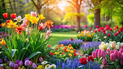 Vibrant spring flowers blooming in a beautiful garden , spring, flowers, background, colorful, pastel, petals, nature, garden