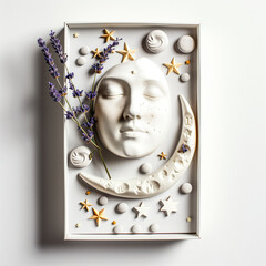 A box of sleep aid tablets with floating elements like a moon, stars, a sleeping face with lavender
