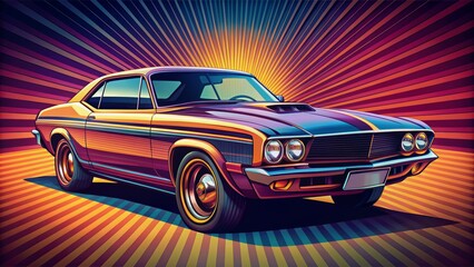Retro stylized vector illustration of a powerful muscle car with bold lines and vibrant colors for vintage automotive design elements.