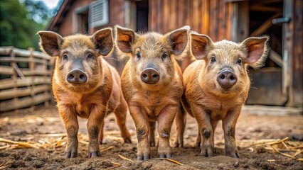 Three cute mangalica pigs standing together in a farmyard , mangalica pigs, curly coat, livestock