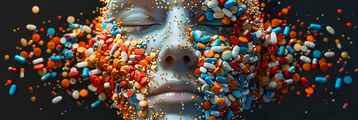 Vibrant Multicolored Pill Abstracts Captivating Images,
Collage of pills in the head of a woman in the style of bright sculptures


