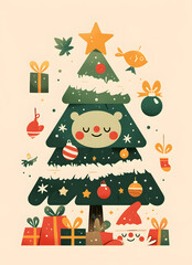 cute cartoon Christmas tree with ornaments and gift boxes. wallpaper, background, card.
