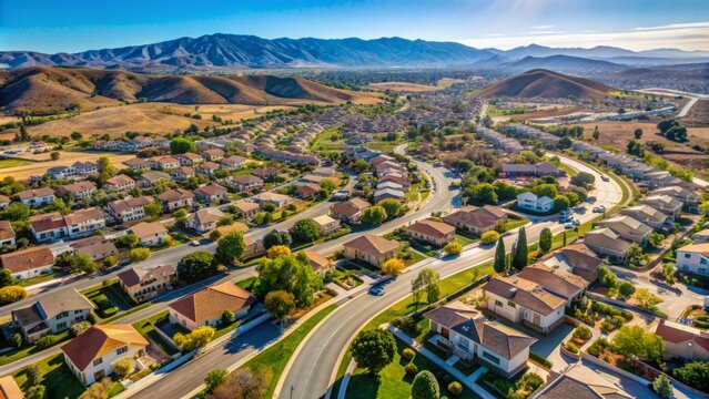 Birds-eye perspective of serene suburban landscape in Menifee California showcasing neatly arranged housing tracts and sun-kissed terrain stretching afar.