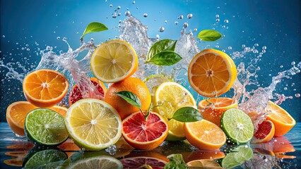 Vibrant image of refreshing citrus fruits splashing into water, citrus, splash, water, vibrant, refreshing, orange, lemon, lime