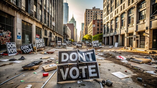Abandoned city streets littered with protest signs and banners featuring bold black font don't vote message scattered on concrete ground.