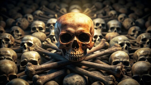 Macabre black silhouette vector skull and crossbones amidst scattered human skulls and bones in a shallow, ominous focus.