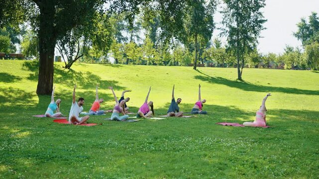 Group practicing side stretches during outdoor yoga session in park. Participants follow instructor's lead, enhancing flexibility and relaxation. Concept of community fitness and wellness