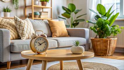 Classic Alarm Clock on a Wooden Coffee Table in a Cozy Living Room.