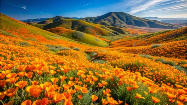 Vibrant orange California Golden Poppies blanket sprawling hills under brilliant blue sky during spring superbloom in high desert southern California landscape.