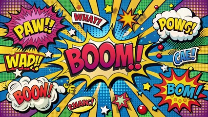 Colorful vector illustration featuring explosive speech bubbles and comic text sound effects including Boom, Pow, Bang, and more.