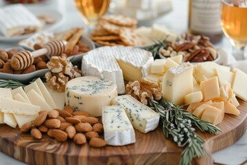 Gourmet Cheese Board with Almonds, Crackers and Rosemary
