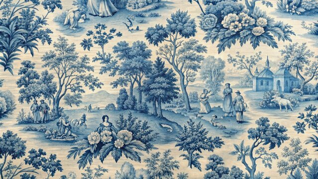 Intricate vintage blue toile design with seamless, repetitive floral motifs, evoking serene pastoral scenes, exuding classic elegance and sophistication.