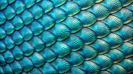 Vibrant cyan fish skin texture with intricate scales and detailed patterns, perfect for realistic wallpaper or design element backgrounds.