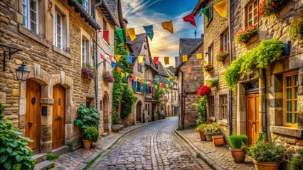 Fototapeta premium Serene cobblestone alleyway lined with ornate charming old buildings adorned with fluttering flags in a quaint medieval European town setting.