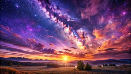 Obraz premium Vibrant purple colored landscape featuring a stunning galaxy sky with shining stars, radiant sun, and majestic clouds at dawn.