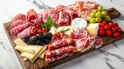 Elegant charcuterie display on a polished wooden board, featuring fine meats, gourmet cheeses, and fresh berries, perfect for a high-end dining experience