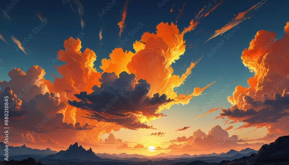 Wall mural Golden Sunset over Mountain Range.