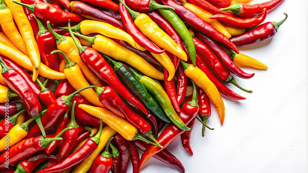 Poster Vibrant red and yellow hot chili peppers on a white background, spicy, vibrant, colorful, food, ingredients, peppers, cooking