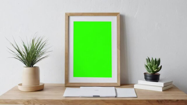 3D rendering. Mockup poster frame Green Screen  with minimalist modern interior background.