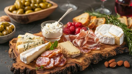 Gourmet cheese board featuring a selection of fine cheeses, fresh fruits, nuts, and artisanal bread, presented on a rustic wooden board with a cozy, homely feel
