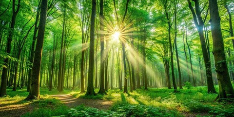 Naklejka premium Sunlight filtering through the trees in a lush green forest, nature, trees, foliage, sunlight, beams, greenery
