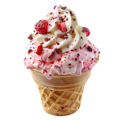 Delicious strawberry ice cream cone topped with fresh strawberries and chocolate shavings, isolated on white background, transparent background