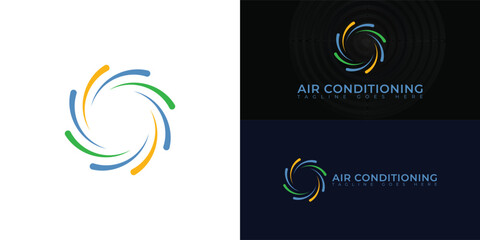 Air conditioning cooling and heating house blower fan icon symbols in multiple colors isolated on multiple background colors. The logo is suitable for air conditioning installation service logo design