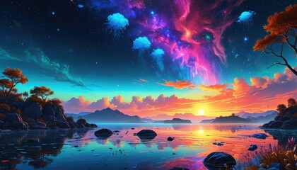 Dreamy Sunset with Jellyfish and Stars.