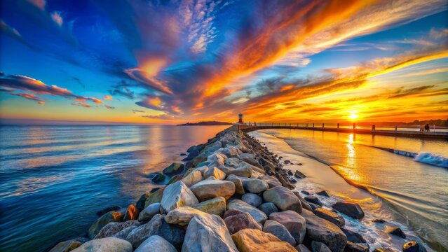Serene tranquil atmosphere at Port Hueneme beach jetty rock seawall in Oxnard California with vibrant oranges and blues at sunset.