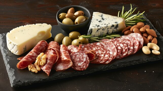 High-definition image of salami platter with olives, nuts, and gourmet cheese, styled for an upscale culinary magazine spread