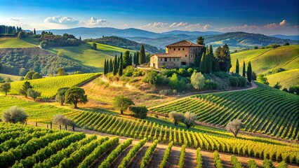 Fototapeta premium Sunny landscape from Tuscany with fields, hills, vineyards, and stone villa under a clear blue sky, Tuscany, landscape