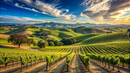 Fototapeta premium Luxurious rolling hills of luscious green grapevines stretch towards the horizon under azure skies in California's renowned Paso Robles wine country.