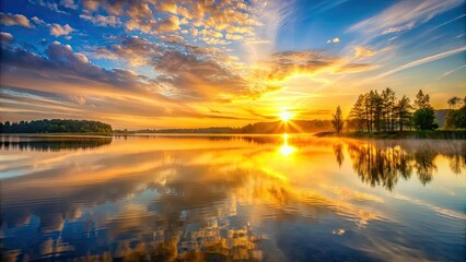 Fototapeta premium Serene sunrise casting a golden glow over a tranquil lake, serene, sunrise, tranquil, lake, calm, reflection, water, nature
