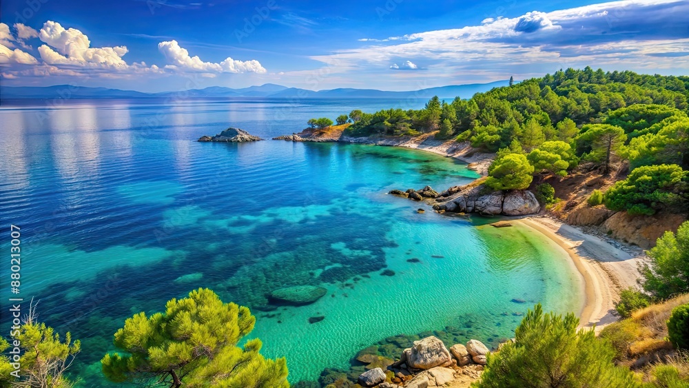 Sticker Scenic coastal landscape of southern Sithonia peninsula, Halkidiki, Greece, Mediterranean, travel