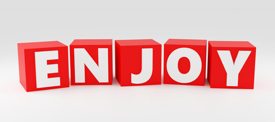 Luxury red inscription enjoy on grey podium, soft light, smooth background, 3d rendering