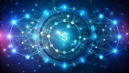 Abstract futuristic design presenting seamless payment process on a gradient background with interconnected nodes and arrows forming a circular pattern.