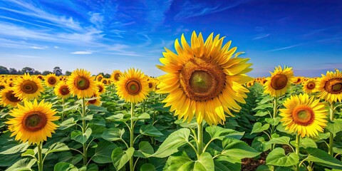 Vibrant sunflowers in a field under a clear blue sky, sunflowers, field, farm, agriculture, yellow, vibrant, sun, nature, growth