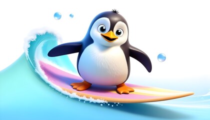 Fototapeta premium A happy, cartoon penguin surfs down a blue wave on a pink and yellow surfboard