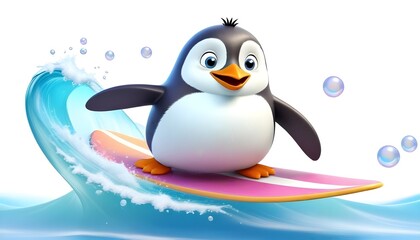 Naklejka premium A cartoon penguin with a big smile rides a pink surfboard on a blue wave