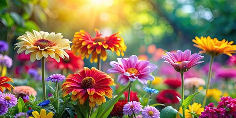 Fototapeta premium Vibrant flowers blooming in a colorful garden, floral, garden, nature, beautiful, petals, blossom, plant, growth, outdoors