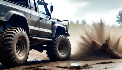 A pickup truck with large tires drives through a muddy puddle, kicking up a cloud of dirt and water