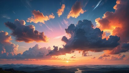 Dramatic Sunset over Mountains with Clouds.