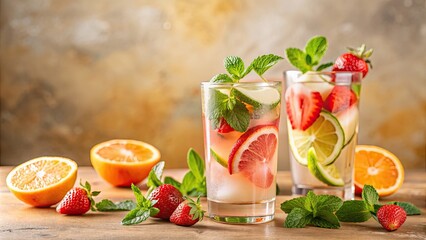 Fototapeta premium Strawberry mojito and grapefruit lemonade with ice, perfect summer refreshment on beige background, strawberry, mojito