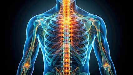 Detailed x-ray image of human spinal cord and vertebral column skeleton anatomy showcasing vertebrae discs and nervous system structures isolated.
