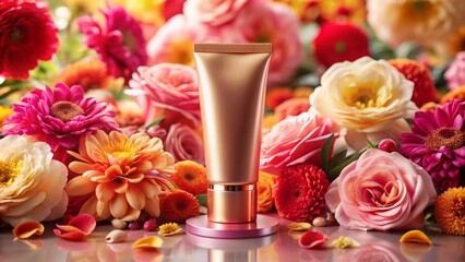 Elegant rose gold skincare tube positioned on a delicate pink platform surrounded by vibrant red and yellow blooming flowers.