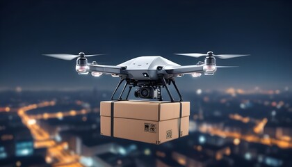 A drone flies over a cityscape at night, carrying a cardboard box