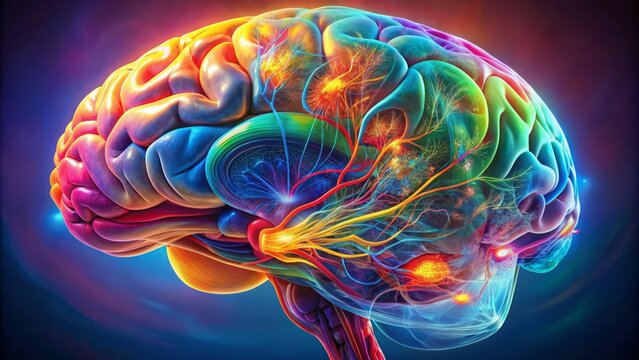Vibrant colorful digital illustration of human brain anatomy showcasing cerebrum hemispheres cerebral cortex basal ganglia and brainstem in detail.