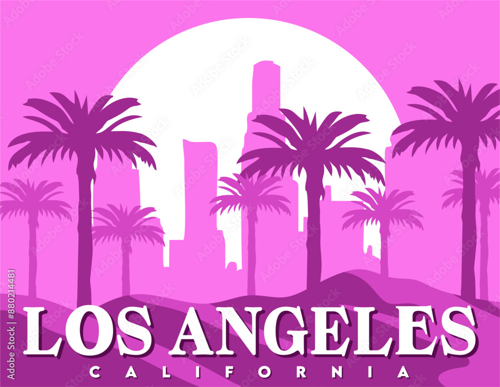 Sticker Los Angeles California with purple sky and palm tree silhouettes