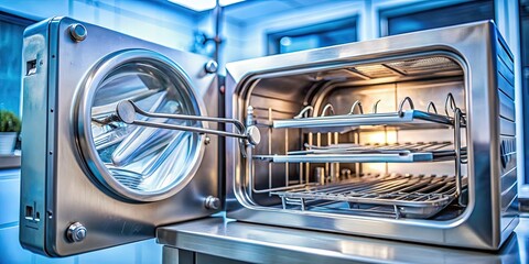 Obraz premium Sterilized dental instruments inside a sterilizer with blurred background, sterile, dental tools, equipment